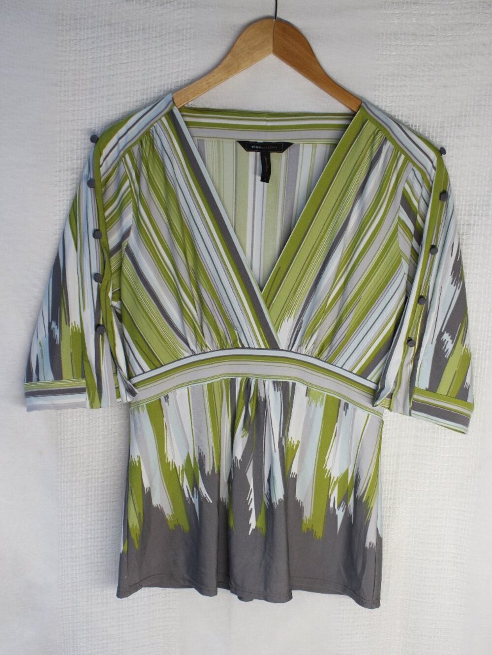BCBG Maxazria Abstract Stripe V-Neck Button-Sleeve Top Green Size M